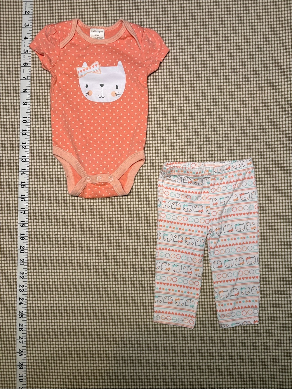 Cutie Pie 2 Piece Cat Outfit Set 0-3 Months Pink Polka Dot Bodysuit & Leggings